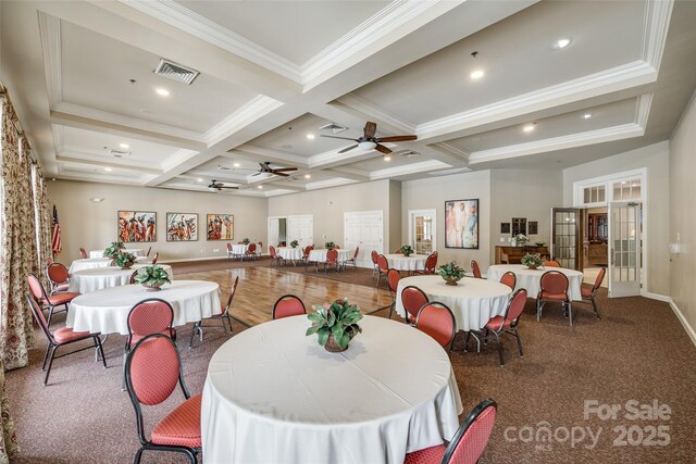 539 Turquoise Way, Fort Mill, SC 29708 - dining space with ceiling fan, beamed ceiling, coffered ceiling, ornamental molding, and carpet floors