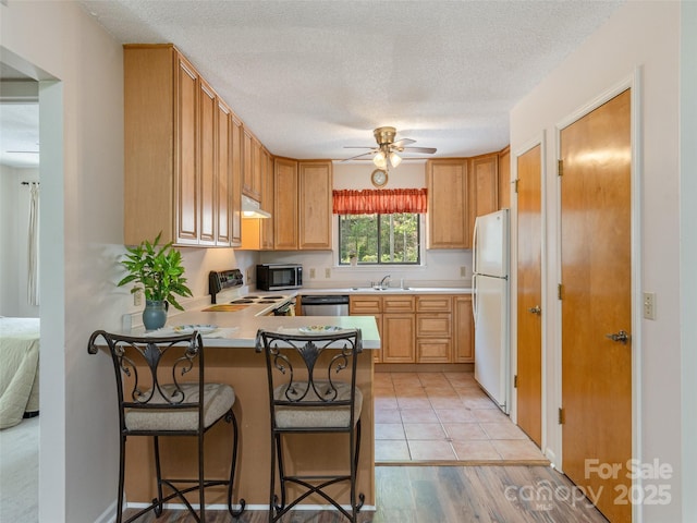 55 Lake Dr Unit 4P, Laurel Park, NC 28739 - kitchen featuring appliances with stainless steel finishes, ceiling fan, a peninsula, light countertops, and a textured ceiling