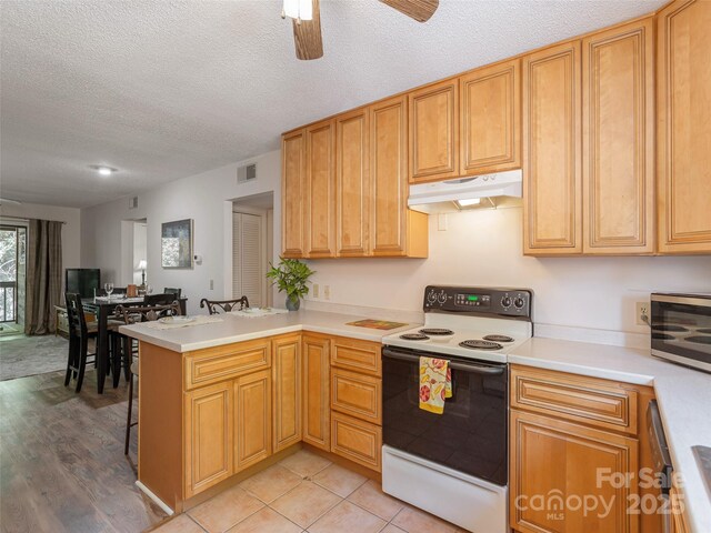 55 Lake Dr Unit 4P, Laurel Park, NC 28739 - kitchen featuring white range with electric stovetop, under cabinet range hood, light countertops, a peninsula, and a textured ceiling
