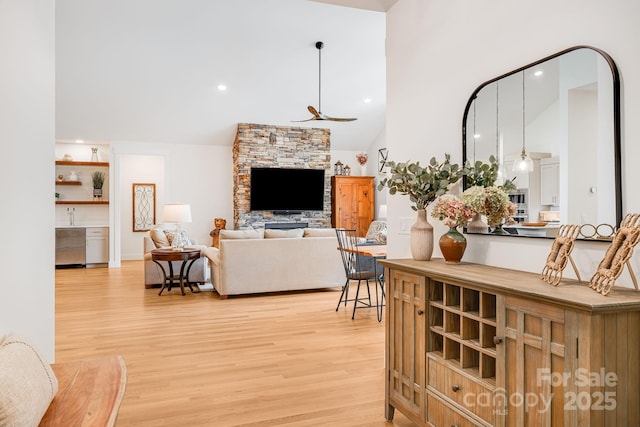 15 Ledgestone Dr, Fairview, NC 28730 - living room with light wood-type flooring, high vaulted ceiling, and recessed lighting