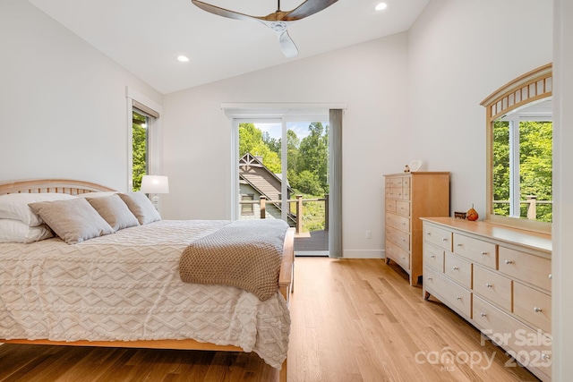 15 Ledgestone Dr, Fairview, NC 28730 - bedroom featuring vaulted ceiling, access to exterior, light wood-style floors, recessed lighting, and a ceiling fan