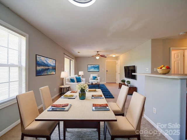 1023 Triece Ln, Charlotte, NC 28215 - dining room with baseboards, plenty of natural light, a ceiling fan, and light carpet