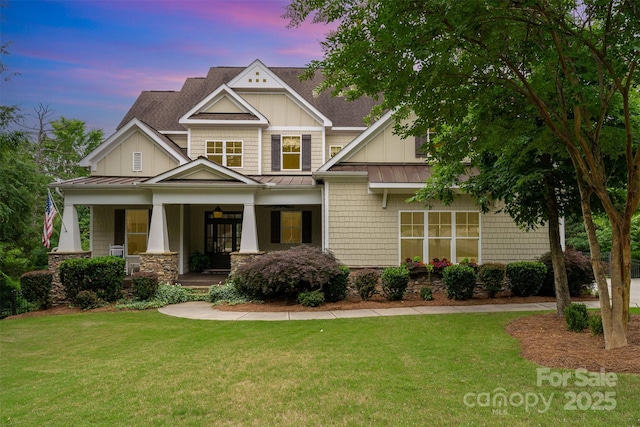 6873 Pine Moss Ln, Clover, SC 29710 - craftsman inspired home with a standing seam roof, a porch, a front yard, and metal roof