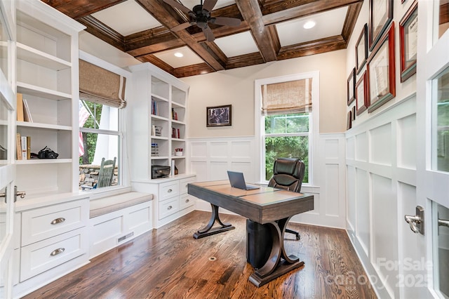 6873 Pine Moss Ln, Clover, SC 29710 - office area with a ceiling fan, plenty of natural light, a decorative wall, beam ceiling, and dark wood-style floors