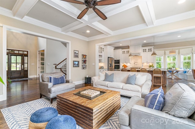 6873 Pine Moss Ln, Clover, SC 29710 - living room featuring coffered ceiling, dark wood-type flooring, stairs, beam ceiling, and recessed lighting