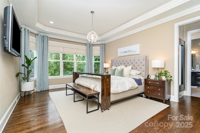 6873 Pine Moss Ln, Clover, SC 29710 - bedroom with ornamental molding, dark wood finished floors, baseboards, a raised ceiling, and recessed lighting