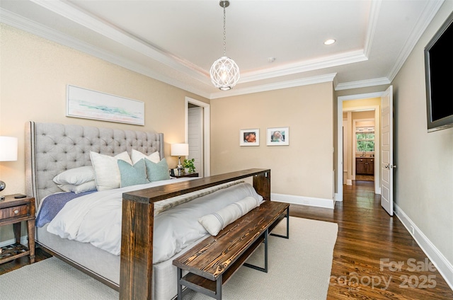 6873 Pine Moss Ln, Clover, SC 29710 - bedroom with dark wood-style flooring, a tray ceiling, ornamental molding, baseboards, and recessed lighting
