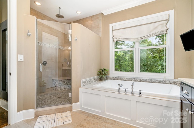 6873 Pine Moss Ln, Clover, SC 29710 - full bathroom featuring a stall shower, a bath, vanity, tile patterned flooring, and recessed lighting