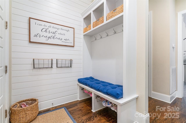6873 Pine Moss Ln, Clover, SC 29710 - mudroom featuring wooden walls, wood finished floors, and baseboards