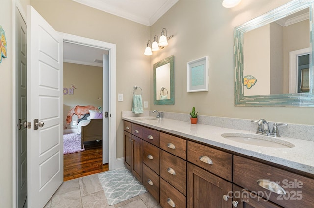 6873 Pine Moss Ln, Clover, SC 29710 - ensuite bathroom featuring crown molding and double vanity