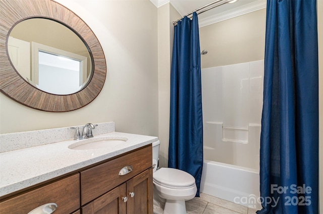 6873 Pine Moss Ln, Clover, SC 29710 - full bath with ornamental molding, vanity, shower / bath combination with curtain, and toilet