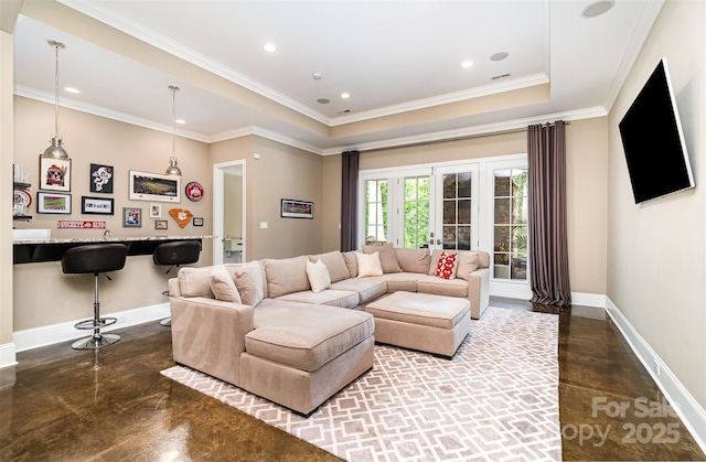 6873 Pine Moss Ln, Clover, SC 29710 - living area with concrete flooring, baseboards, recessed lighting, crown molding, and a tray ceiling