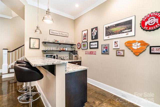 6873 Pine Moss Ln, Clover, SC 29710 - indoor bar featuring ornamental molding, baseboards, pendant lighting, stairway, and recessed lighting