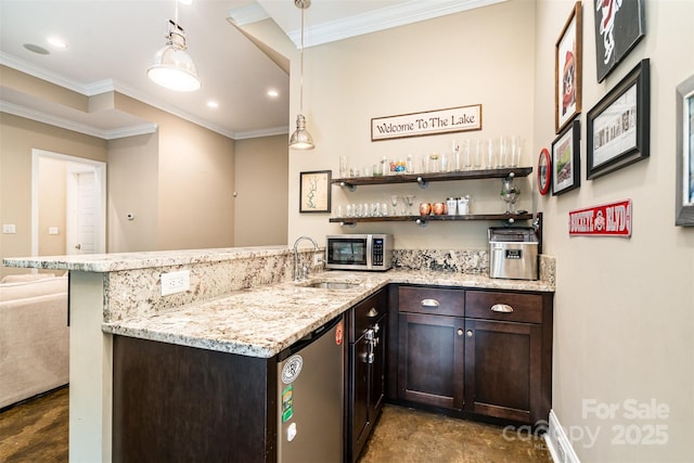 6873 Pine Moss Ln, Clover, SC 29710 - indoor wet bar featuring stainless steel microwave, crown molding, refrigerator, hanging light fixtures, and recessed lighting