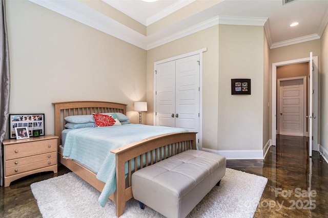 6873 Pine Moss Ln, Clover, SC 29710 - bedroom with baseboards, recessed lighting, ornamental molding, and a closet