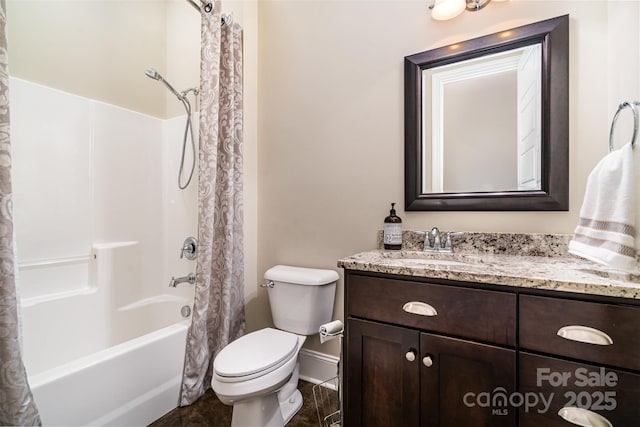 6873 Pine Moss Ln, Clover, SC 29710 - full bathroom with vanity, toilet, shower / bath combination with curtain, and baseboards