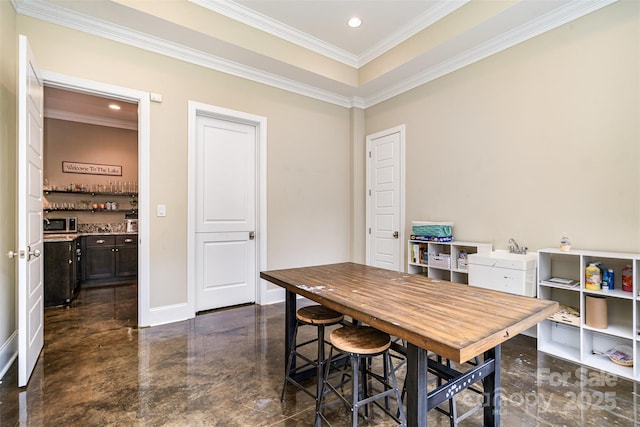 6873 Pine Moss Ln, Clover, SC 29710 - dining space featuring bar area, ornamental molding, recessed lighting, baseboards, and finished concrete flooring