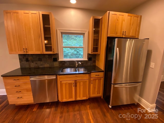 6 Woodland Rd W, Asheville, NC 28806 - kitchen with appliances with stainless steel finishes, a sink, dark wood-style flooring, tasteful backsplash, and glass insert cabinets