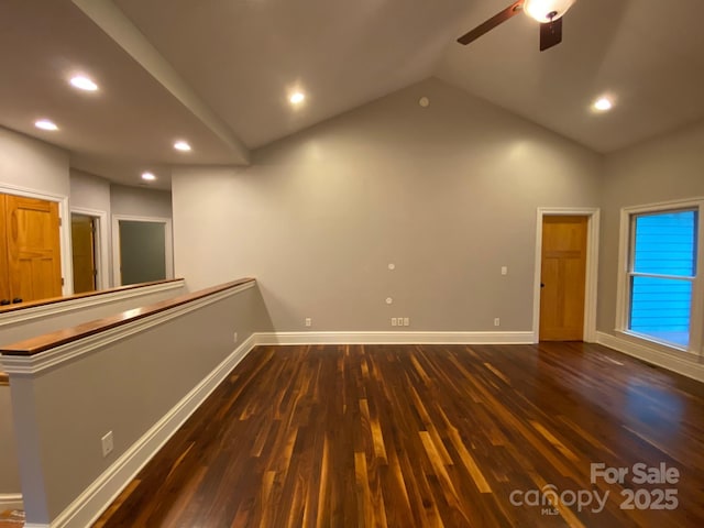 6 Woodland Rd W, Asheville, NC 28806 - unfurnished room featuring dark wood-type flooring, ceiling fan, recessed lighting, baseboards, and vaulted ceiling