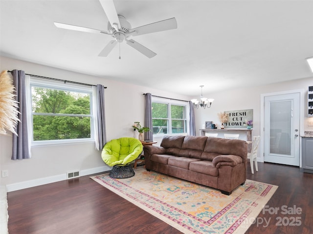 391 Ellen Ave, Canton, NC 28716 - living room with a chandelier, dark wood finished floors, a ceiling fan, and baseboards