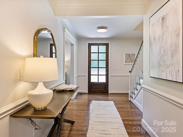 2919 Wickersham Rd, Charlotte, NC 28211 - foyer with ornamental molding, stairs, and dark wood-style floors