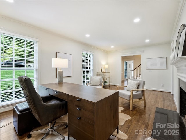 2919 Wickersham Rd, Charlotte, NC 28211 - office space featuring wood finished floors, a fireplace with flush hearth, baseboards, crown molding, and recessed lighting