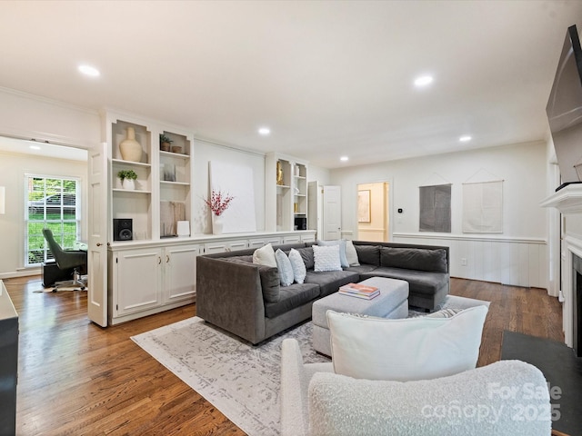 2919 Wickersham Rd, Charlotte, NC 28211 - living area with dark wood-style flooring, a fireplace, and recessed lighting