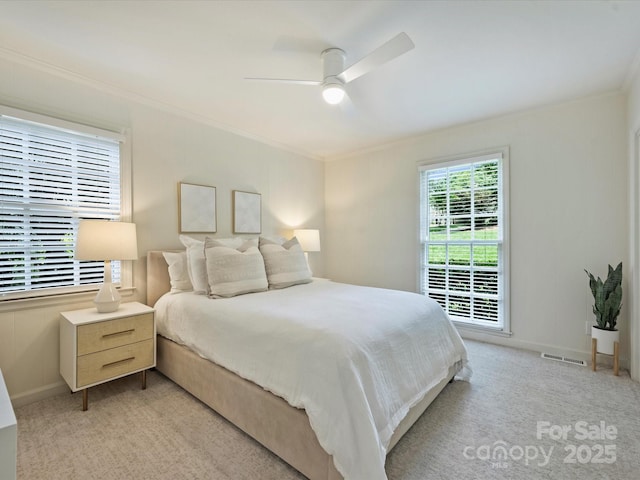 2919 Wickersham Rd, Charlotte, NC 28211 - bedroom with ornamental molding, light colored carpet, ceiling fan, and baseboards