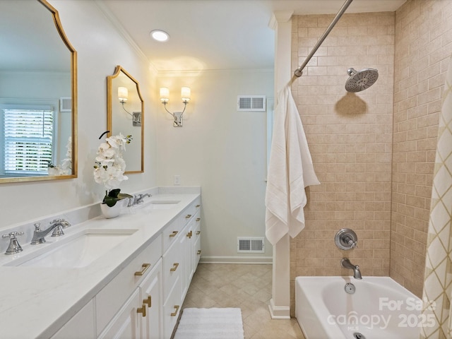 2919 Wickersham Rd, Charlotte, NC 28211 - bathroom featuring crown molding, shower / bath combo, double vanity, and tile patterned floors