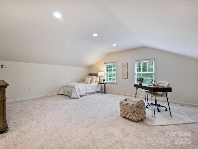 2919 Wickersham Rd, Charlotte, NC 28211 - carpeted bedroom with lofted ceiling, baseboards, an office area, and recessed lighting