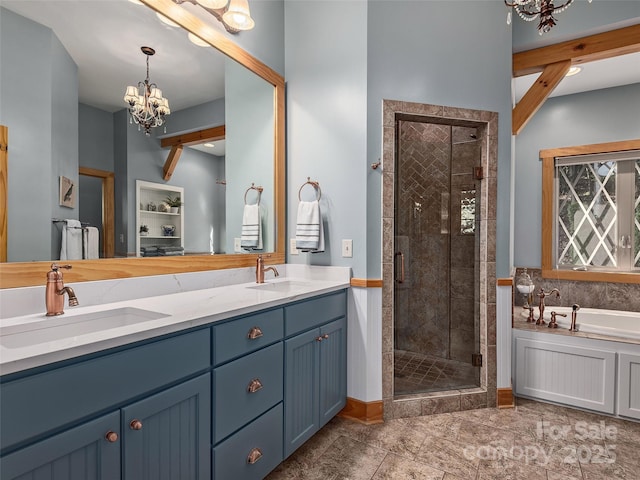 92 Island View Ct, Mill Spring, NC 28756 - bathroom featuring a stall shower, double vanity, a bath, and a chandelier