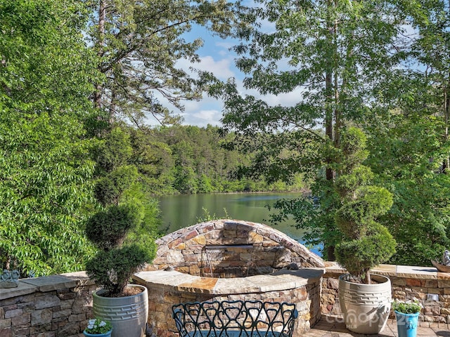 92 Island View Ct, Mill Spring, NC 28756 - view of patio / terrace with an outdoor fire pit, a water view, and a forest view