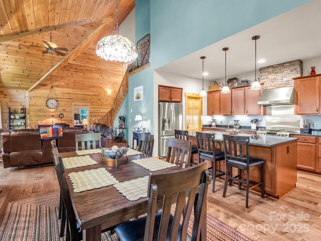 287 Matho Trce, Lake Lure, NC 28746 - dining room with light wood-style floors, wood walls, a ceiling fan, a high ceiling, and wooden ceiling