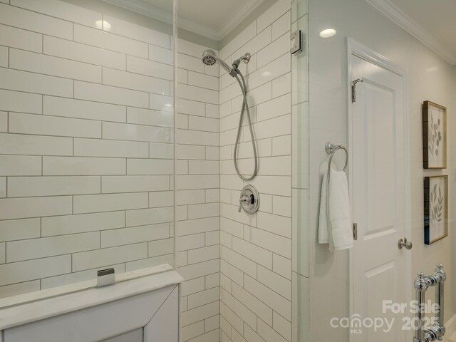 6116 Springhouse Ln, Charlotte, NC 28211 - bathroom with crown molding and a stall shower