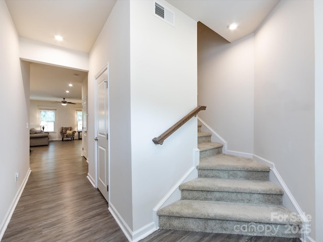 403 Park Meadows Dr, Matthews, NC 28104 - stairs with wood finished floors, ceiling fan, baseboards, and recessed lighting