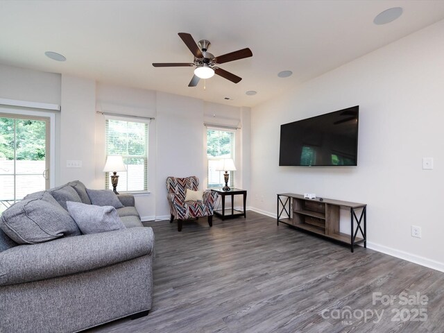 403 Park Meadows Dr, Matthews, NC 28104 - living area featuring dark wood-style floors, plenty of natural light, and ceiling fan