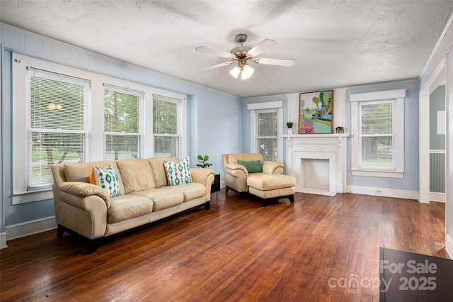 34 Admiral Ave SW, Concord, NC 28027 - living room featuring wood finished floors, a fireplace with flush hearth, a ceiling fan, plenty of natural light, and a textured ceiling