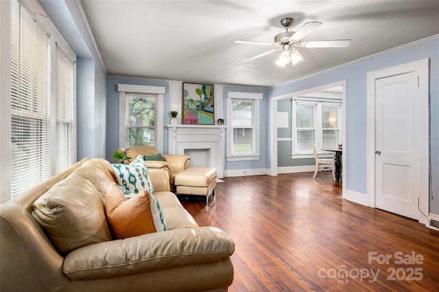34 Admiral Ave SW, Concord, NC 28027 - living area with ceiling fan, wood finished floors, ornamental molding, baseboards, and a fireplace