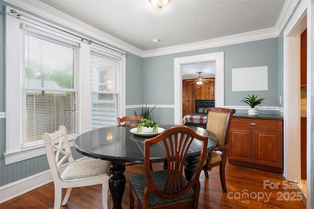 34 Admiral Ave SW, Concord, NC 28027 - dining room featuring dark wood-style floors, crown molding, and ceiling fan
