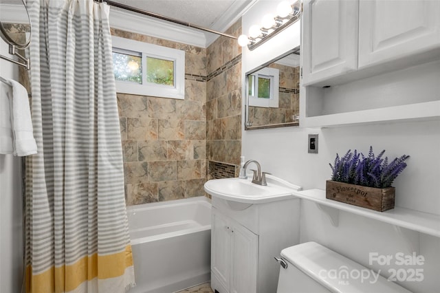 34 Admiral Ave SW, Concord, NC 28027 - full bathroom with shower / bath combo, toilet, vanity, and ornamental molding