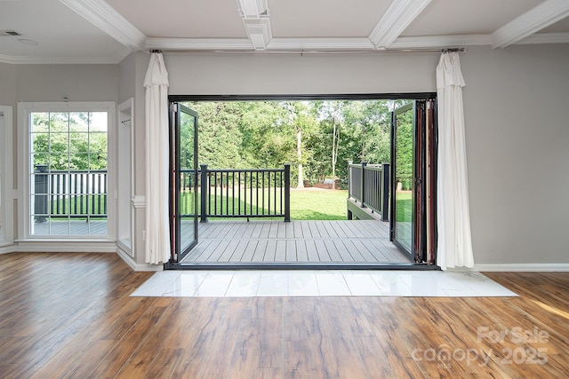6400 Morningsong Ln, Charlotte, NC 28269 - doorway with wood finished floors, ornamental molding, and beam ceiling
