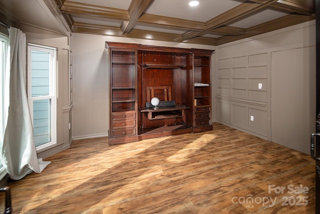 6400 Morningsong Ln, Charlotte, NC 28269 - unfurnished living room featuring wood finished floors, beamed ceiling, recessed lighting, ornamental molding, and coffered ceiling