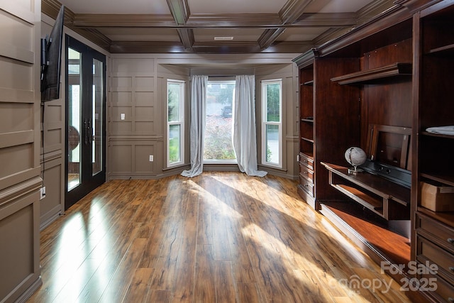 6400 Morningsong Ln, Charlotte, NC 28269 - foyer entrance featuring wood finished floors, beamed ceiling, coffered ceiling, and ornamental molding
