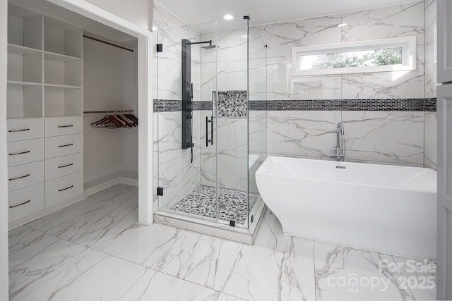 6400 Morningsong Ln, Charlotte, NC 28269 - full bath featuring a freestanding bath, a marble finish shower, and marble finish flooring