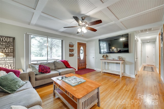 504 Amon Ln, Pineville, NC 28134 - living room with coffered ceiling, baseboards, a ceiling fan, light wood finished floors, and crown molding