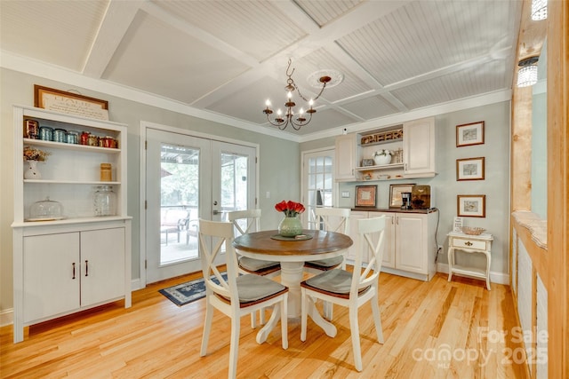 504 Amon Ln, Pineville, NC 28134 - dining area featuring a chandelier, french doors, light wood-style flooring, coffered ceiling, and baseboards