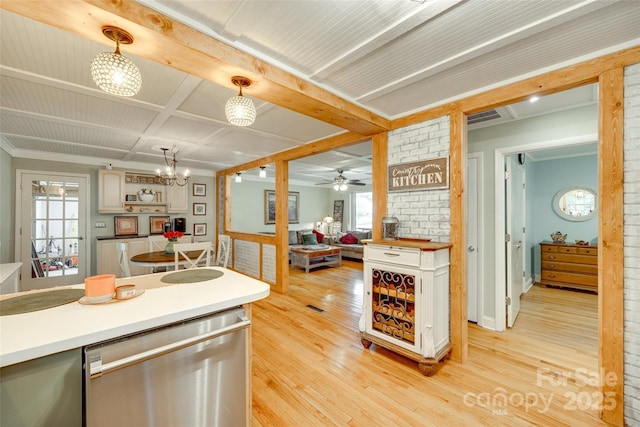 504 Amon Ln, Pineville, NC 28134 - kitchen featuring dishwasher, light wood-style flooring, healthy amount of natural light, a chandelier, and beam ceiling