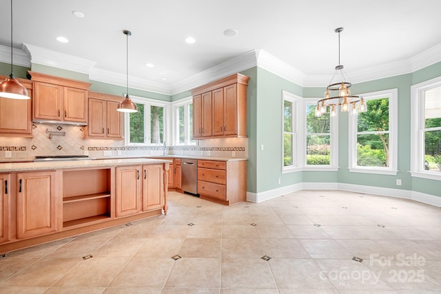 3204 Mcpherson St, Waxhaw, NC 28173 - kitchen featuring tasteful backsplash, healthy amount of natural light, open shelves, baseboards, and recessed lighting