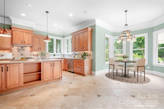 3204 Mcpherson St, Waxhaw, NC 28173 - kitchen featuring stainless steel dishwasher, tasteful backsplash, baseboards, a chandelier, and recessed lighting