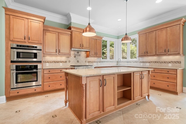 3204 Mcpherson St, Waxhaw, NC 28173 - kitchen with light tile patterned flooring, a center island, decorative backsplash, light stone countertops, and recessed lighting